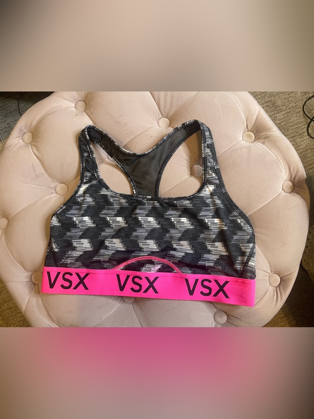Victoria's Secret Black & Gray Patterned Sports Bra with Pink VSX Band